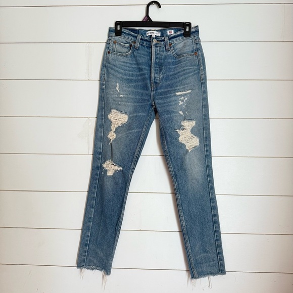 Re/Done Jeans Blue 90s Ankle Crop High Rise Button Fly Raw Hem Stretch Size 26 - Picture 1 of 7